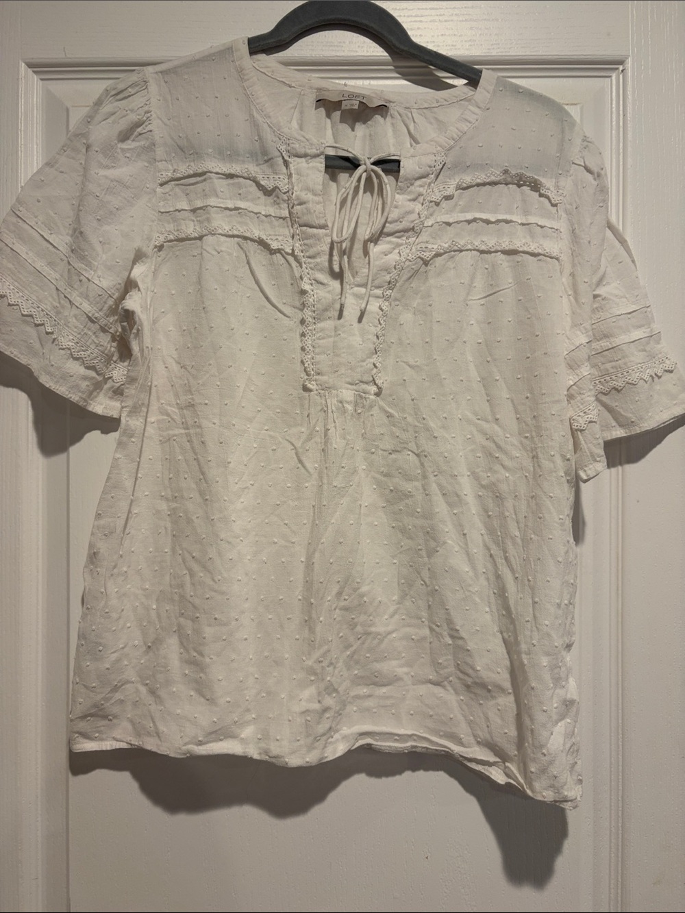 LOFT White Dotted Swiss Short Sleeve Tie-Neck Top